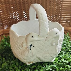 Vintage Bisque Chippy Paint Porcelain Goose Basket Coquette